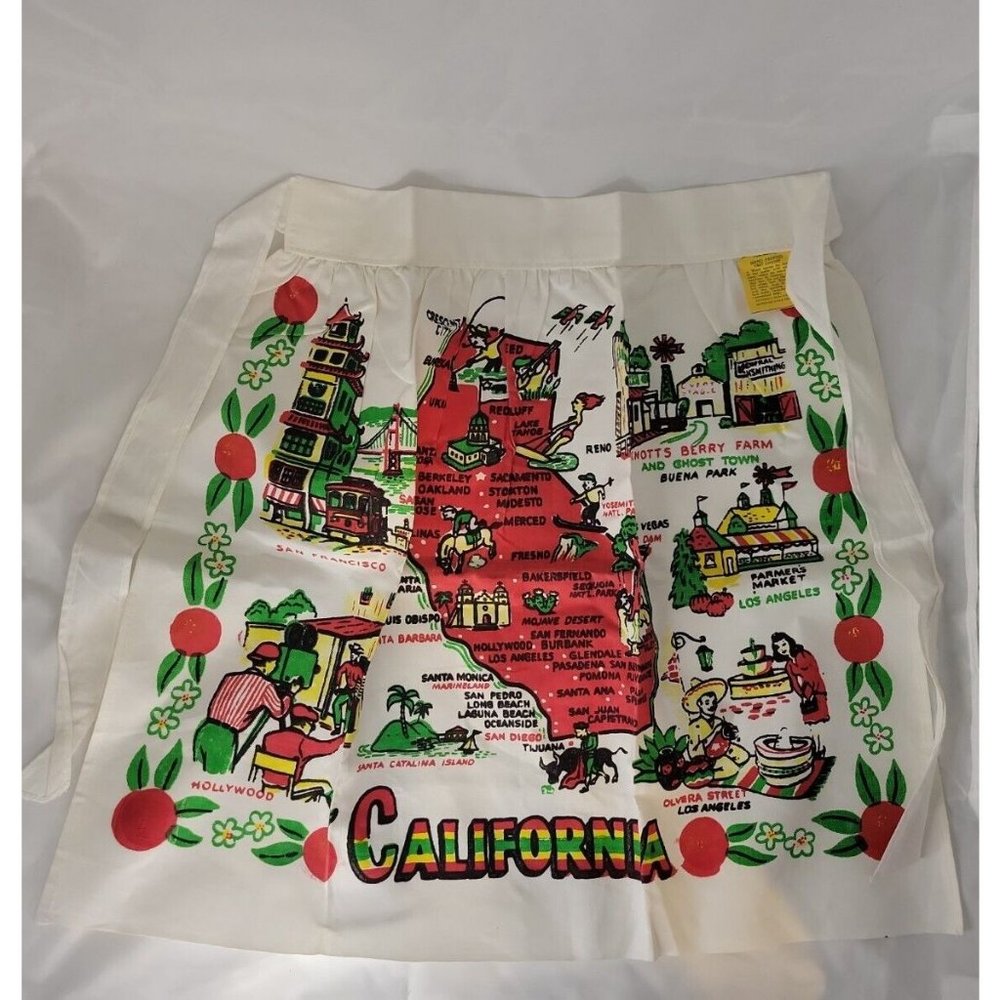 Vintage 1950s  California Souvenir Map  Cactus Cloth Half Apron NEW/TAG